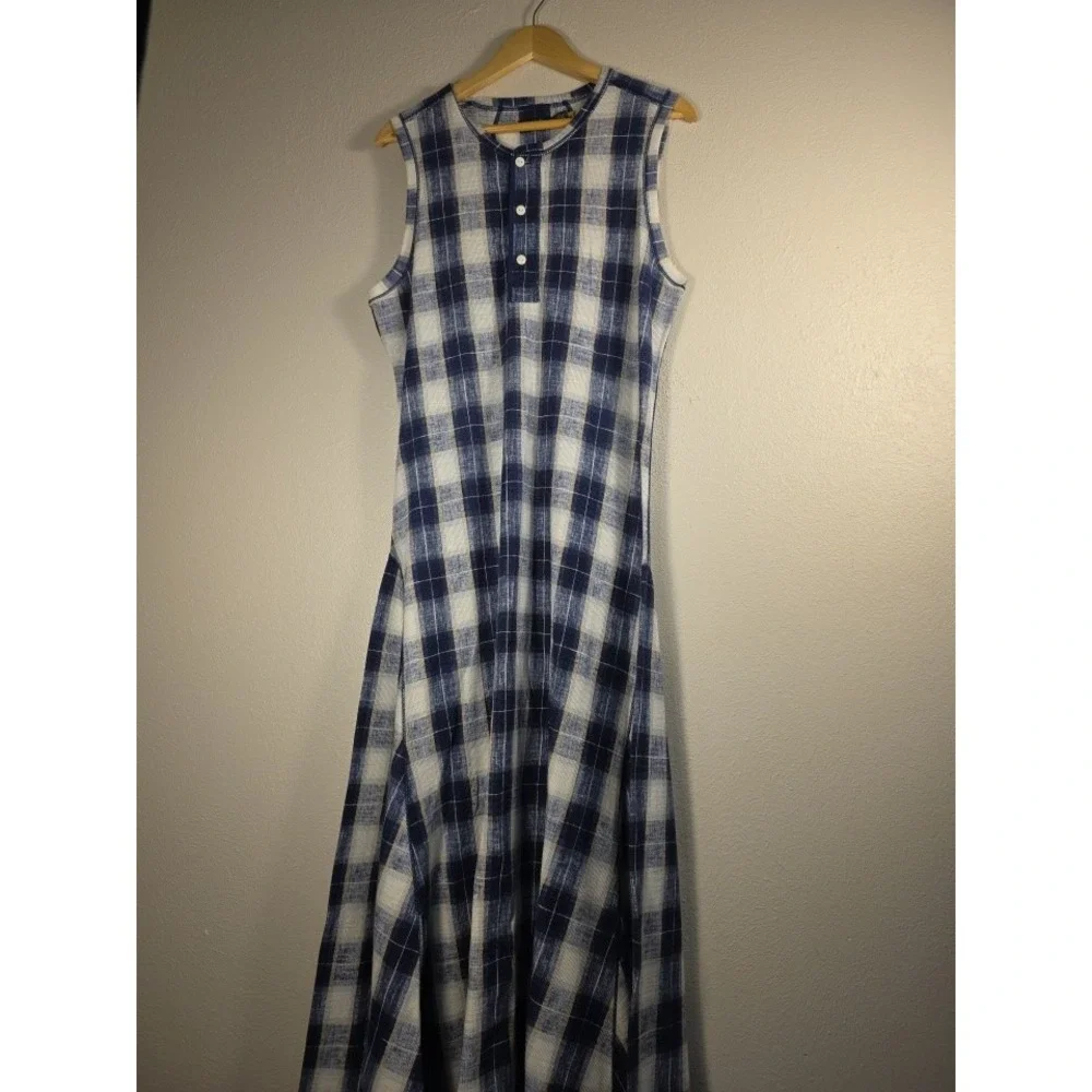 Polo Ralph Lauren Blue Buffalo Plaid Cotton Henley Midi Dress Womens Size XL